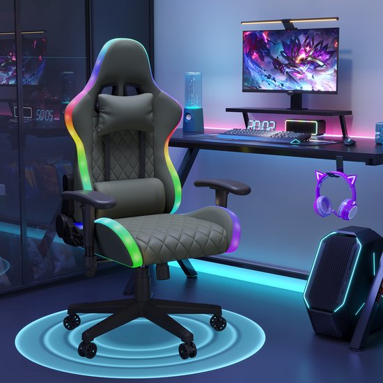 Gaming Stoel met RGB Verlichting & Massage - ADFBL - Ergonomische Bureaustoel met Afstandsbediening - Verstelbare 2D Armleuningen & Rugleuning (90-135°) - Gamer Stoel Grijs