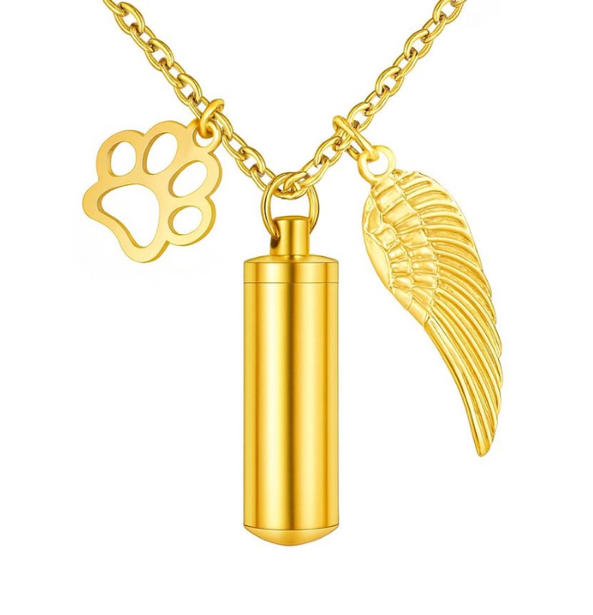 Ashanger cilinder hond | Goud | Ashanger Cilinder met Hondenpoot en vleugel | Ashanger hond | Asketting cilinder hondenpoot | Herdenkingssieraad Hond | Petshop Seven