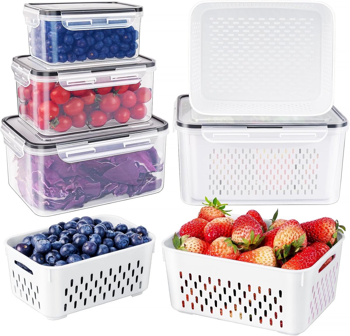 Famanu - Fruitcontainers set van 4 – met vergiet en luchtdicht deksel – vaatwasserbestendig