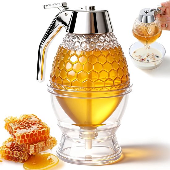VALINK Honing siroop Dispenser, 200ml Honing Dispenser, Transparante Acryl Honing Pot Container Cup Draagbare Sap Bijen Opslag Pot Druppel Fles Koken Tool, Craft Glas Honing Dipper w/Stand