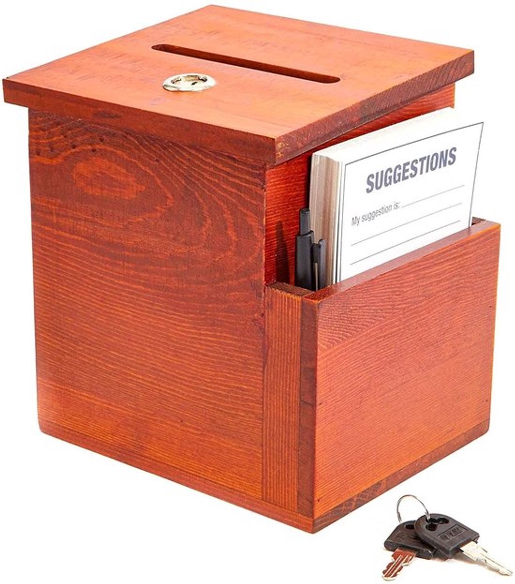 Houten Suggestiebox met Slot - Bruine Stembus met 50 Suggestiekaarten en Vergrendelingsdeksel