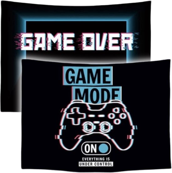 Ulticool - Tapisserie - Game On Off Controller Monitor Gaming Kids Room - Set de 2 Designs - 73 cm x 95 cm - Peinture Tissu Tapisserie - Poster Art - Zwart Blauw Turquoise