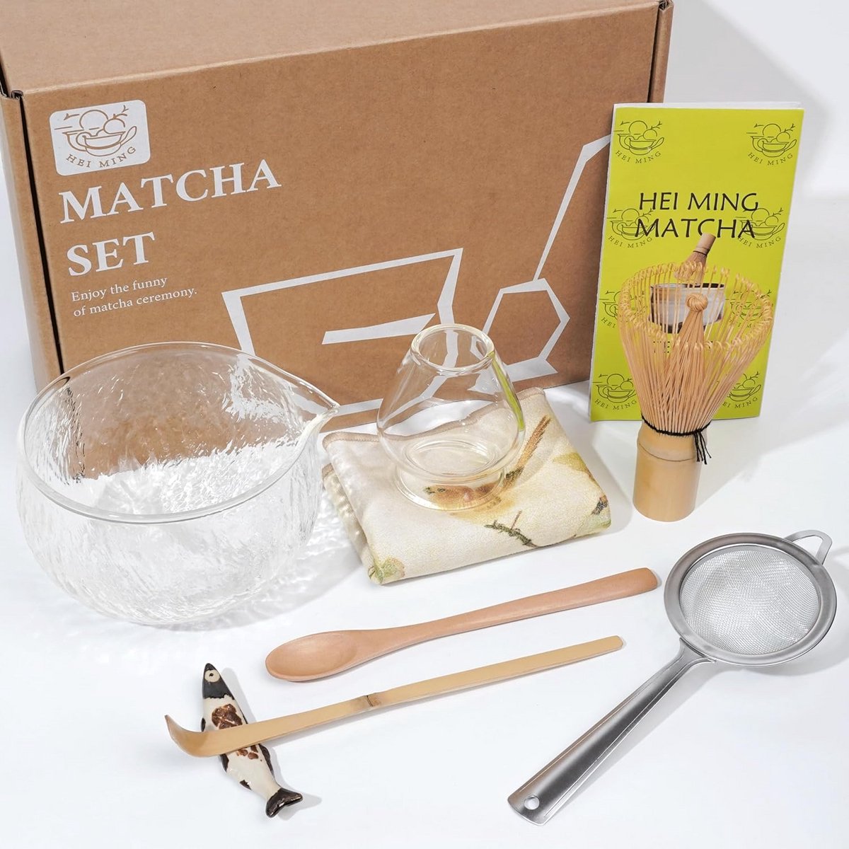 Complete Matcha Thee Set Glazen Kom (8 Delen) met Bamboe Klopper en Zeef