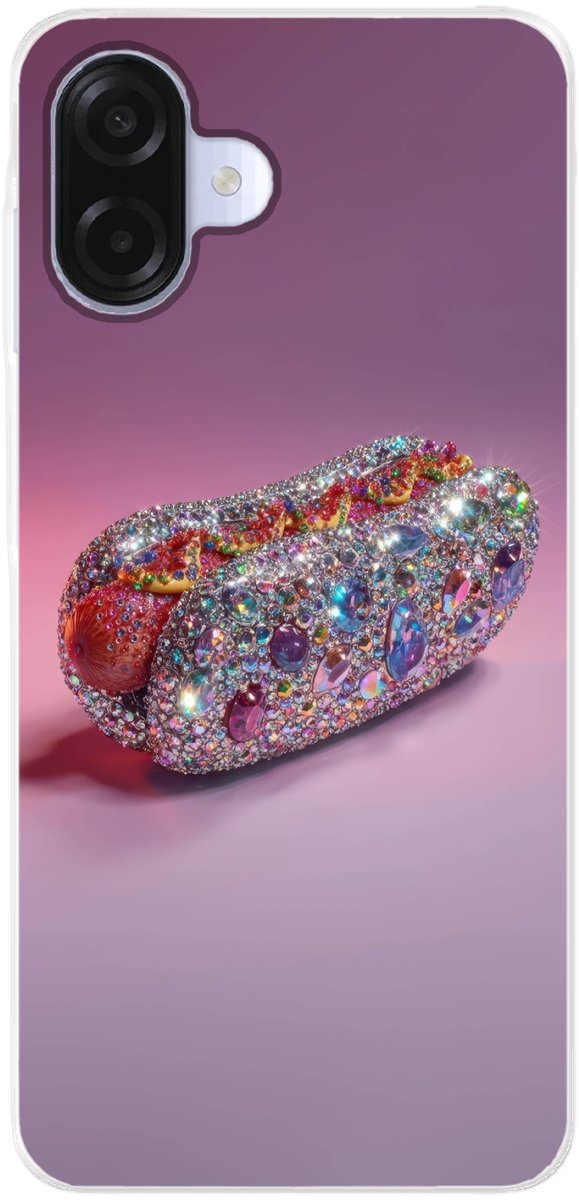 Telefoonhoesje Geschikt voor Samsung Galaxy A07 hoesje - Hotdog - Steentjes - Glitters - Paars - Siliconen Telefoonhoesje Telefoonhoesje