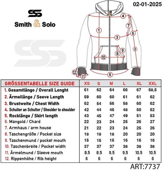 Maattabel Smith & Solo met technische tekening van witte hoodie.