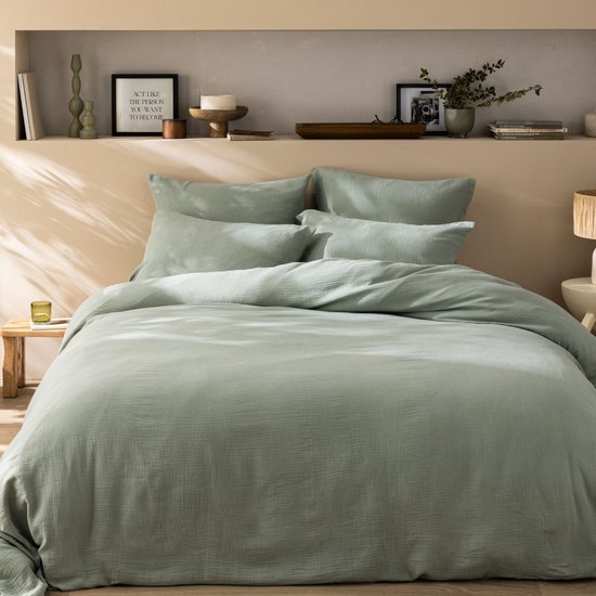 Housse de couette Matt & Rose Vert mousse - 240 x 220 + (2x) 65 x 65 - Mousseline de Katoen