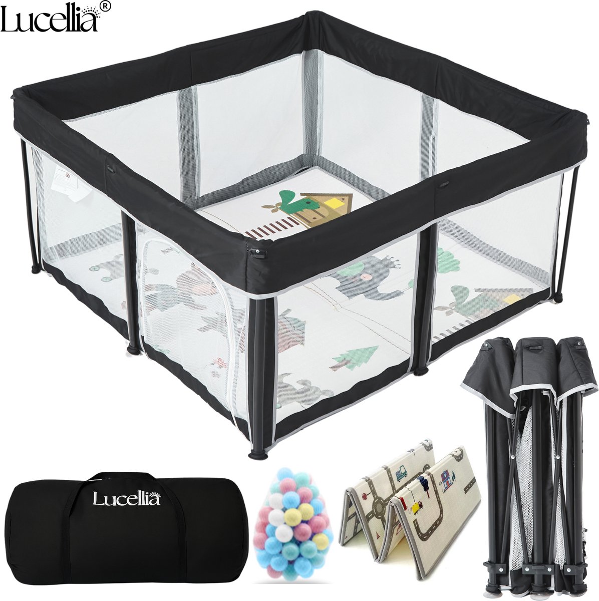 Lucellia® Grondbox Baby - Inklapbare Speelbox & Kinderbox – Inclusief Dubbelzijdige Speelmat + 50 Ballen & Extra Buitenmat – Zwart – 125x125x70 cm