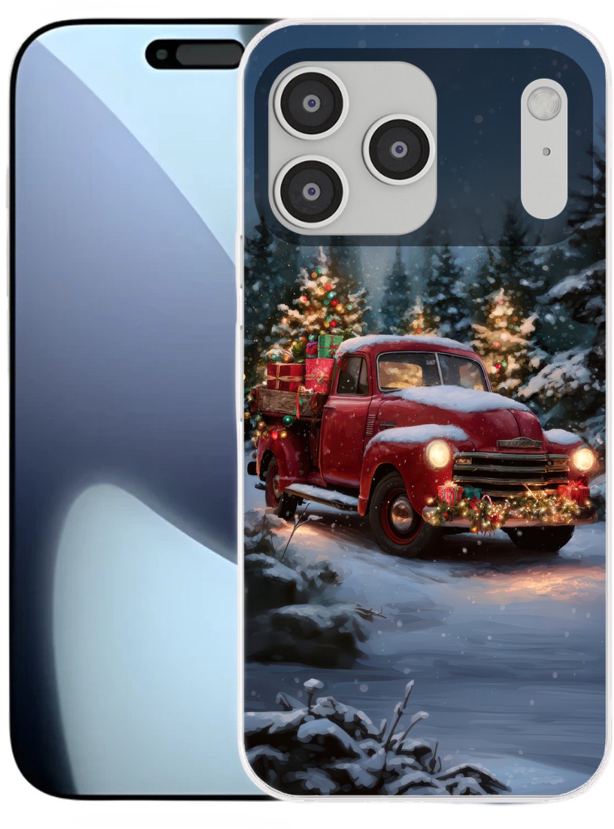 Telefoonhoesje Geschikt voor iPhone 17 Pro max hoesje - Kersttruck - Sneeuwbos - Rood - Siliconen Telefoonhoesje Telefoonhoesje