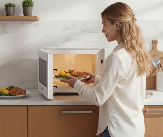 Vrouw met blond haar in witte blouse plaatst een bord met eten in een witte Tomado solo magnetron. De magnetron is open en binnenverlichting is aan.
