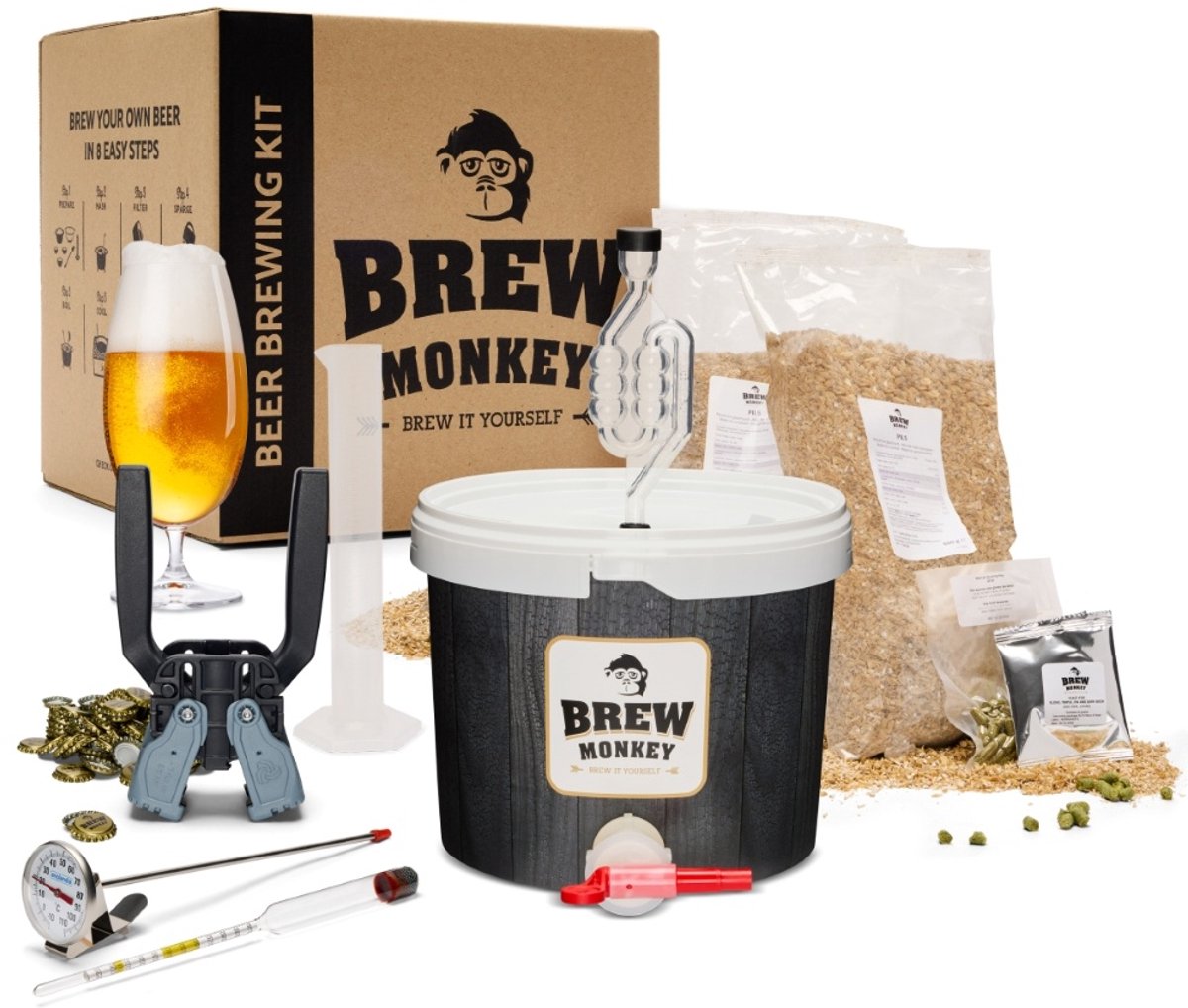 Brew Monkey Compleet Blond - Bierbrouwpakket - Zelf bier brouwen pakket - Gadgets Mannen - Vaderdagcadeau Verjaardagscadeau voor Mannen - Origineel bier Cadeau - Verjaardag cadeau