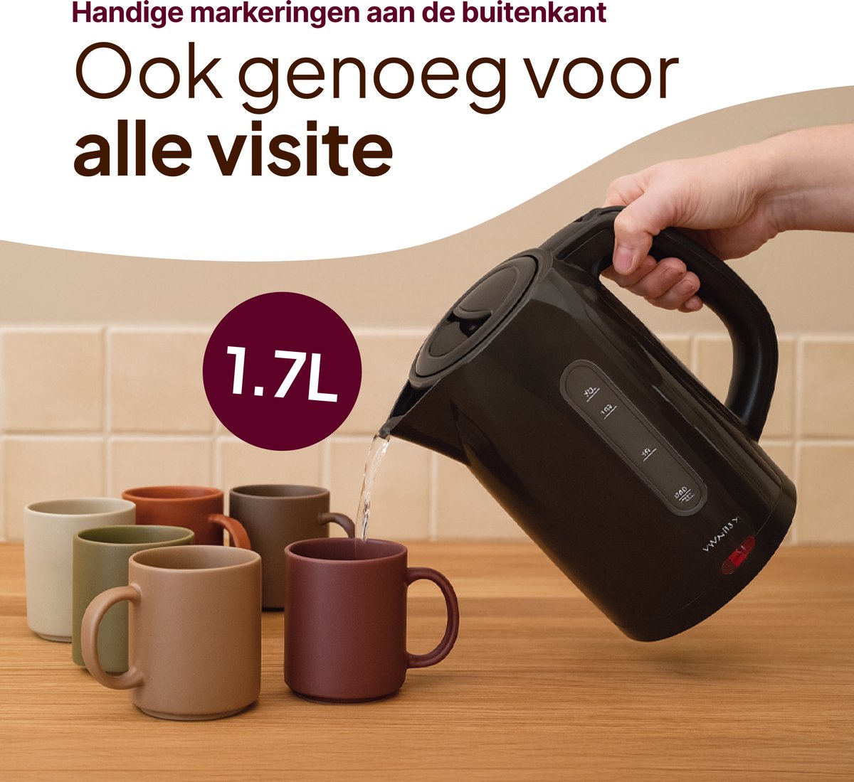 Vivid Green 2200W Waterkoker - 1.7L – BPA-vrij - Kalkfilter - Zwart — afbeelding 3