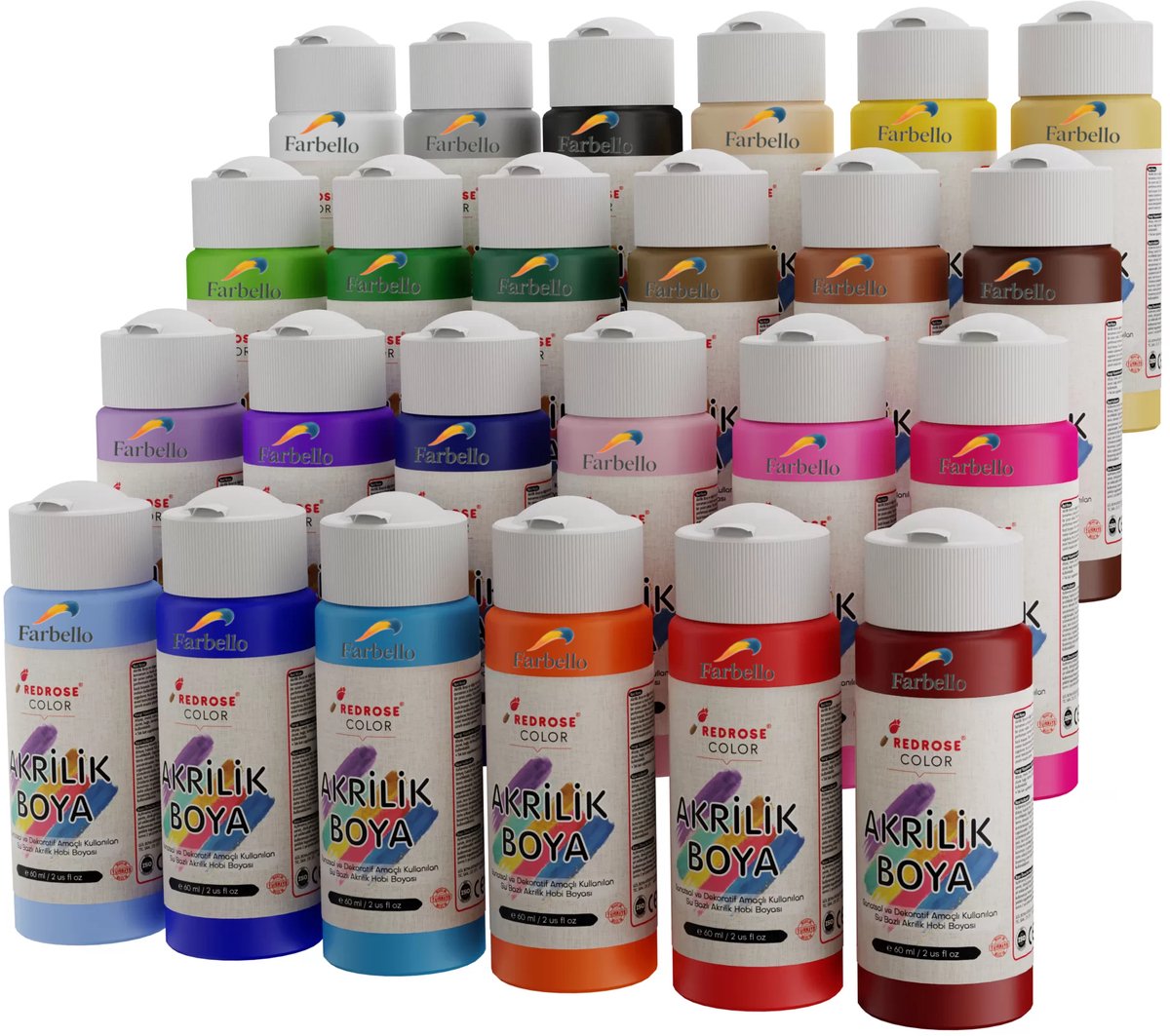 Farbello Acrylverf Set- 24 kleuren, 24 *120 ml., Sterk gepigmenteerde, Niet giftige verf op waterbasis, voor canvas, hout, steen, papier en metaal. — afbeelding 3