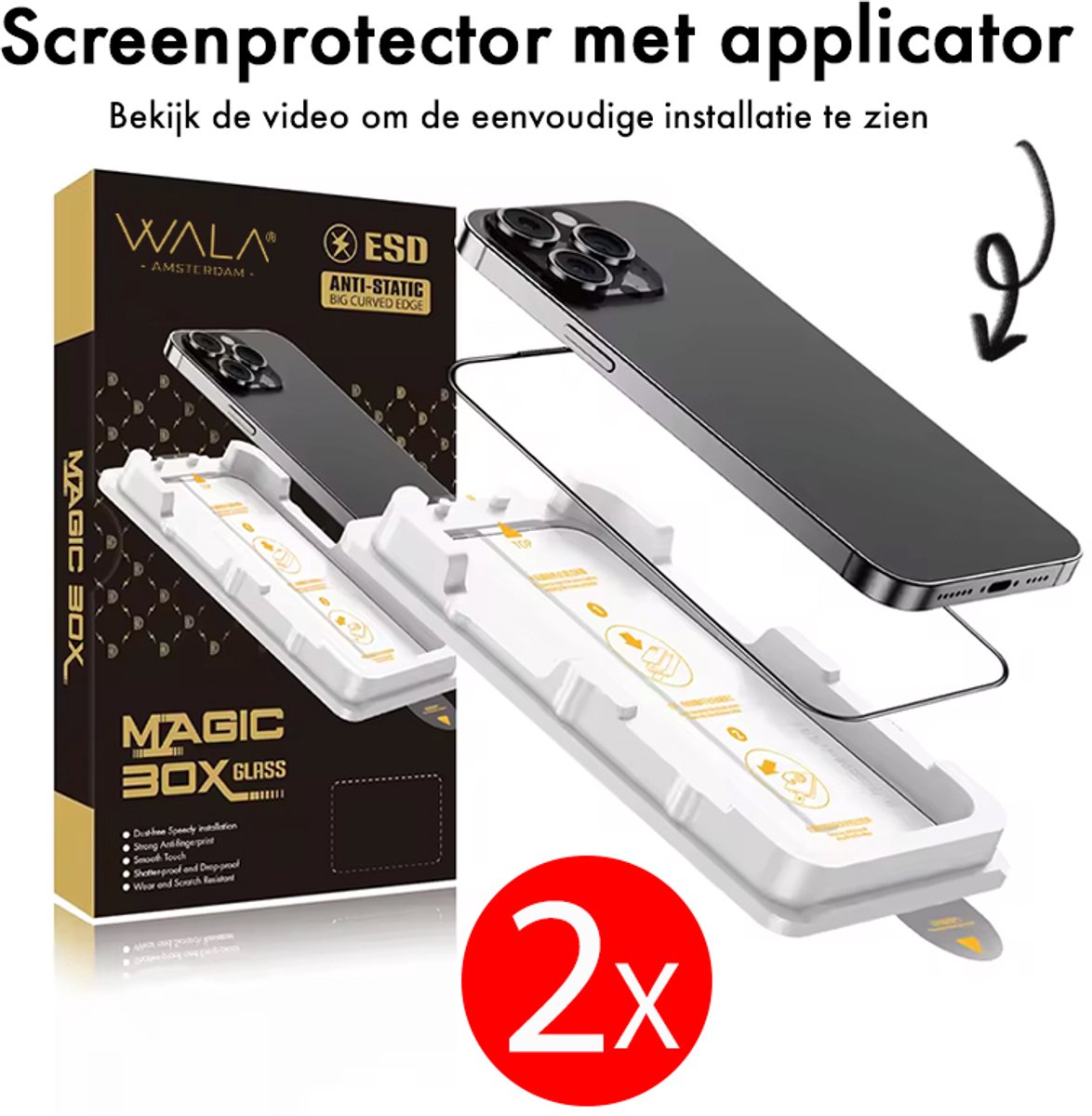 WALA AMSTERDAM® Premium Screenprotector - iPhone 17 Pro Max - 9H Extra Gehard Glas - Inclusief Installatietool - Complete bescherming voor iPhone 17 Pro Max - 2 Pack