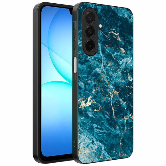 Coque de téléphone à motif marbre bleu et accents dorés, à côté d'un téléphone.