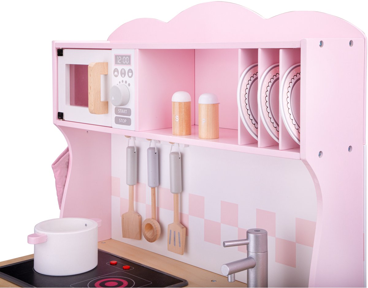 Woet® Houten Speelgoed Kinderkeuken - Speelkeukentje met Kookplaat met Licht en Geluid - Speelkeuken Roze met Diverse Accessoires - Werkbladhoogte 55 cm - Rollenspel - Vanaf 3 Jaar — afbeelding 5