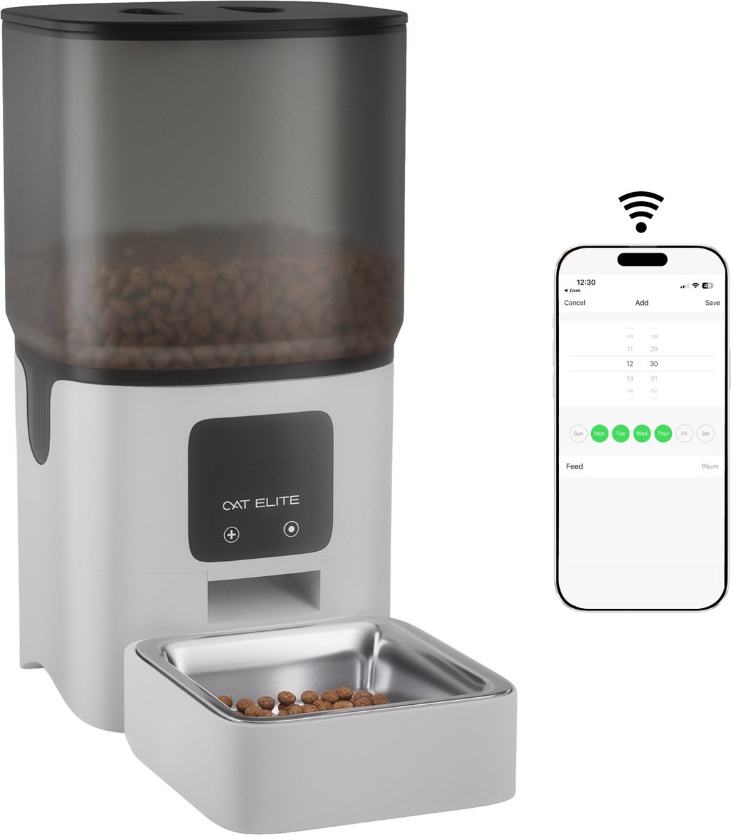 CatElite® - Automatische Voerbak Kat | Core - Dual WiFi 5Ghz & 2.4Ghz - Voerautomaat met Smart App - 6L Voerdispenser RVS - Wit - CatElite® - €64,95