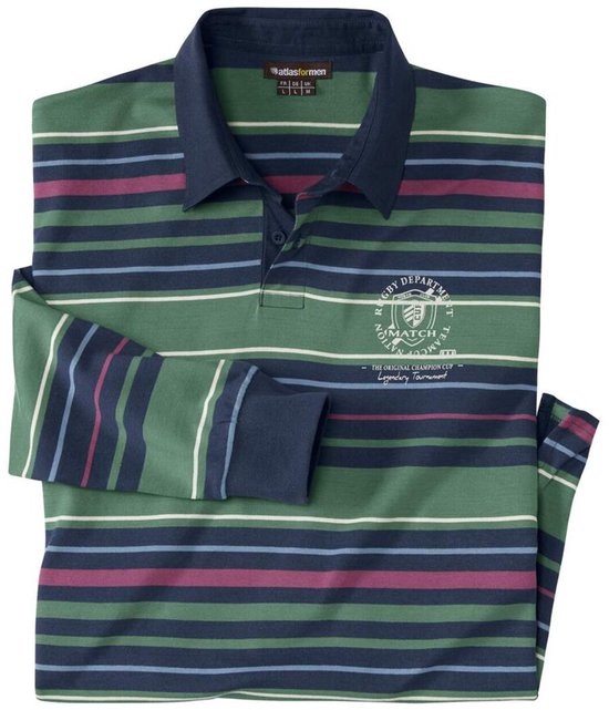 Groen rugby-poloshirt met horizontale strepen in marineblauw, bordeauxrood en wit. Marineblauwe kraag, manchetten en knoopsluiting.