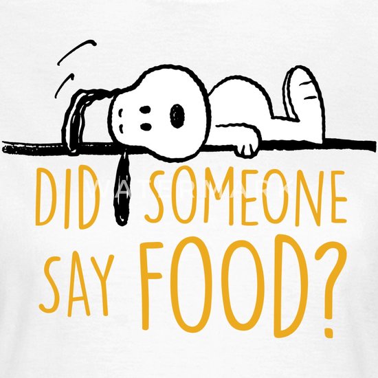 Wit T-shirt met tekening van Snoopy en tekst "DID SOMEONE SAY FOOD?"