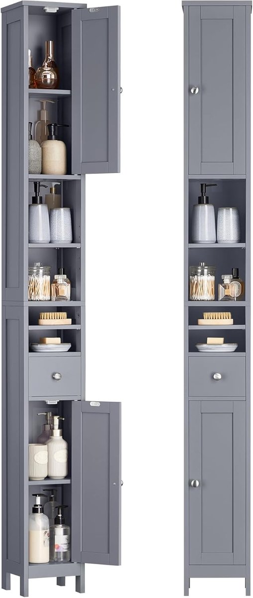 FurnStar Badkamerkast – Hoge Smalle Opbergkast – Met Verstelbare Planken, Lade & Open Vakken – Voor Kleine Ruimtes – Modern Design – Duifgrijs