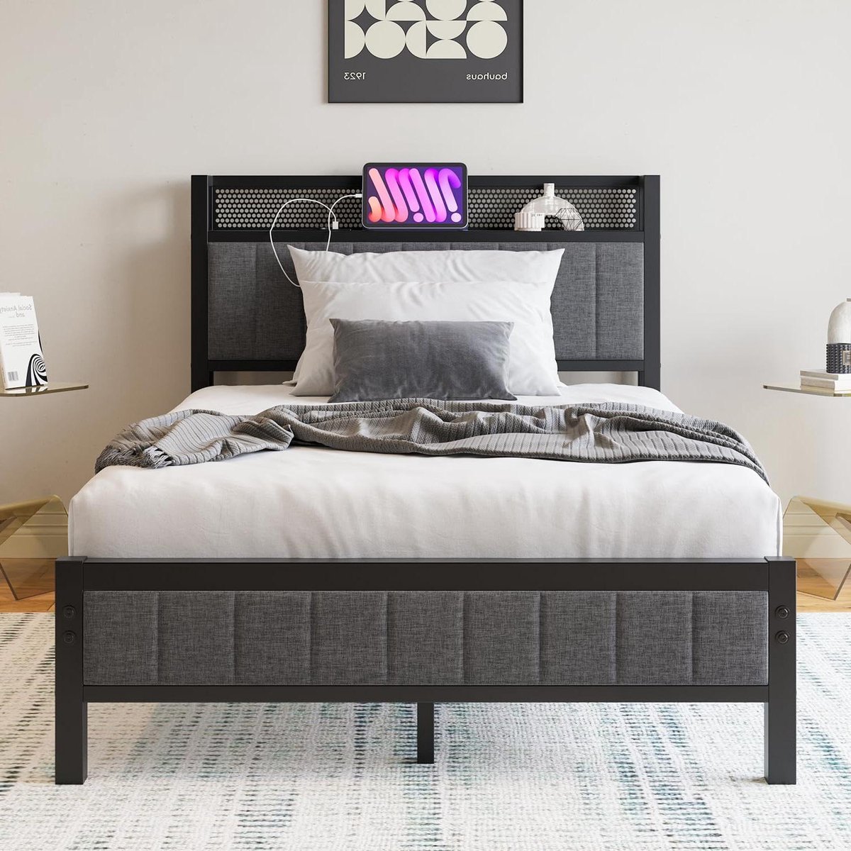 Provento Bedframe met laadstation, metalen bed 120 x 200 cm, jeugdbed lattenbodem, grijs hoofdeinde, slaapkamer bedden Any