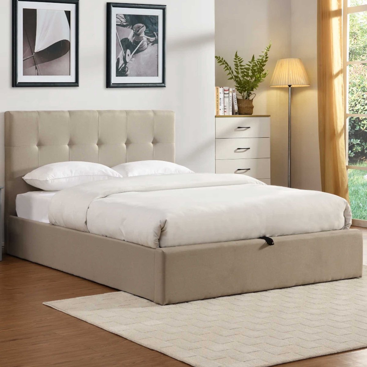 Tweepersoonsbed Corbi met opbergruimte 140x200 - zand - Poldimar - Tweepersoons gestoffeerd bed - Beige - Polyester Tweepersoons Normaal bed