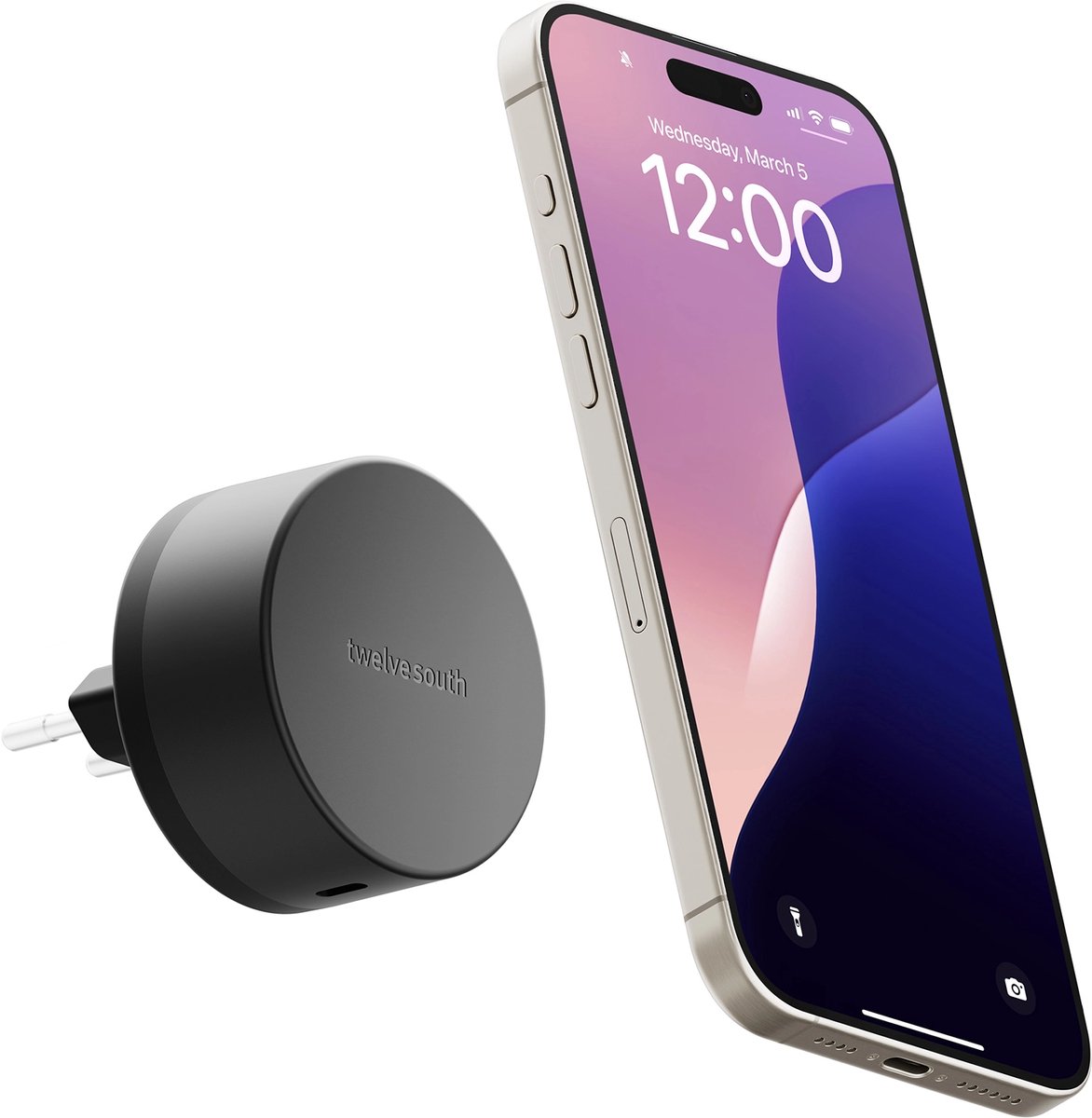 Twelve South PowerBug EU Draadloze Wand Oplader – 35W Snelladen – Tegelijk Twee Apparaten Opladen – Compatibel met Qi2 en MagSafe Apparaten - Zwart