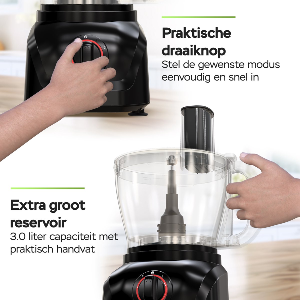 TurboTronic FP900 Foodprocessor - 8-in-1 Keukenmachine - 3 Liter - Zwart thumbnail 2