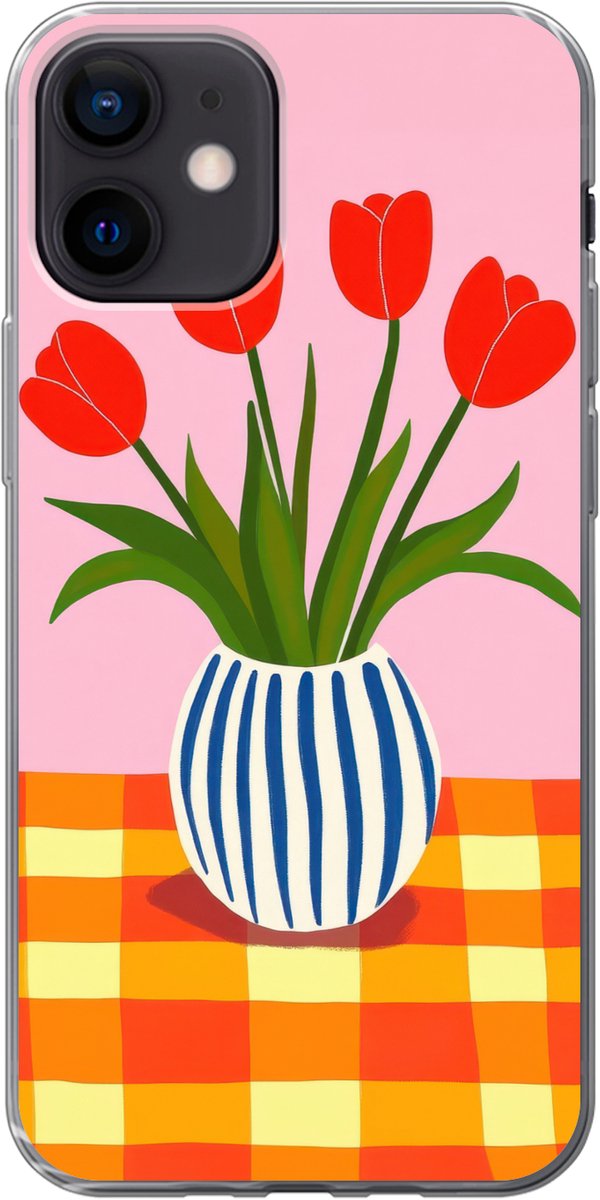 Telefoonhoesje Geschikt voor iPhone 12 hoesje - Tulpen - Roze - Vaas - Siliconen Telefoonhoesje Telefoonhoesje