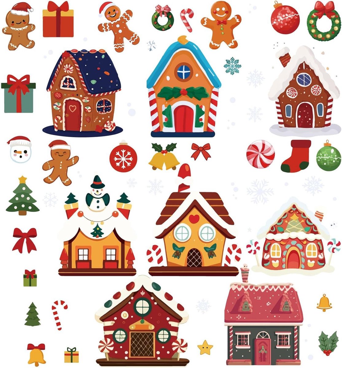 CSGoods - Cartoon raamstickers kerststickers peperkoek sneeuwhuis - Set van 8 - Waterdicht - PVC - Kerstkamer versiering