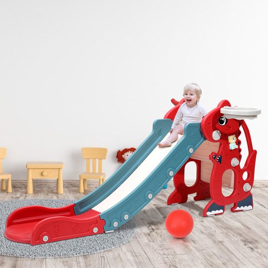 Toboggan 4 en 1 pour tout-petits avec panier de basket et jeu d'anneaux - Toboggan pliable compact pour Enfants de 1 à 6 ans - Rouge