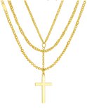 Gouden gelaagde ketting met drie verschillende schakels en een kruishanger.