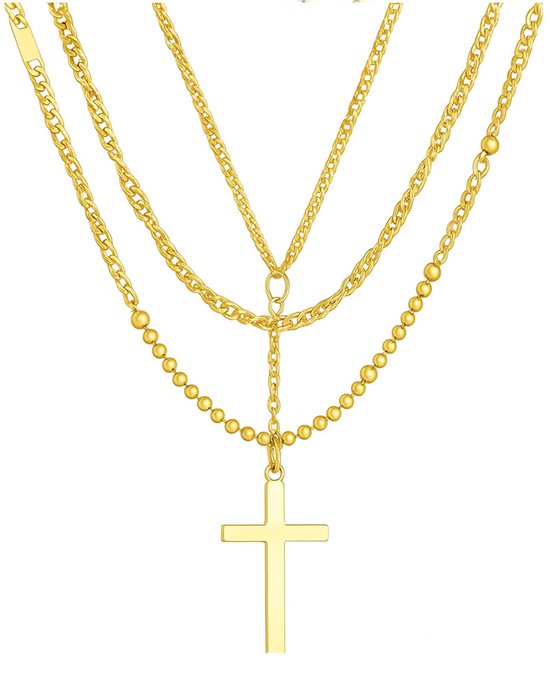 Gouden gelaagde ketting met drie verschillende schakels en een kruishanger.