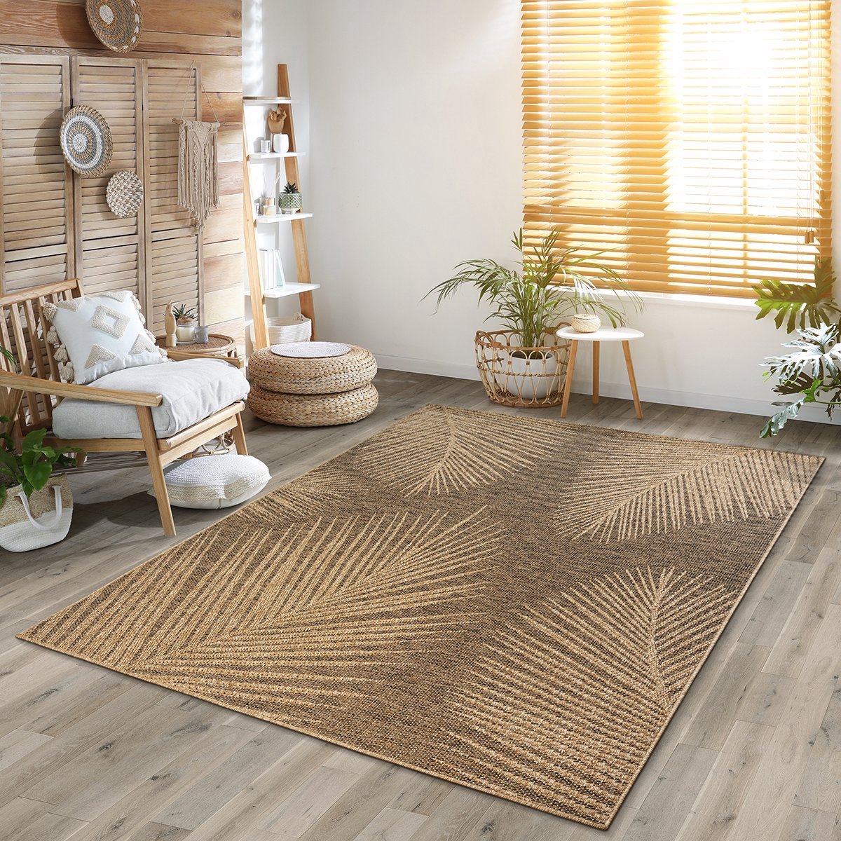 Vloerkleed Kenzy – Geschikt voor Binnen en Buiten – Natuurlijk Bladmotief – Beige Bruin-240 x 340 cm