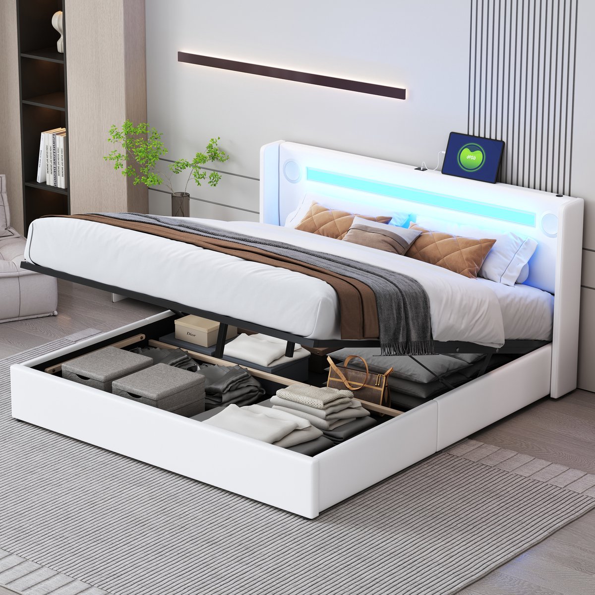 Matrasbed 160x200 - PU-leer Wit - Lattenbodem 24 - LEDstrip Bluetooth - USB-poorten - Groo