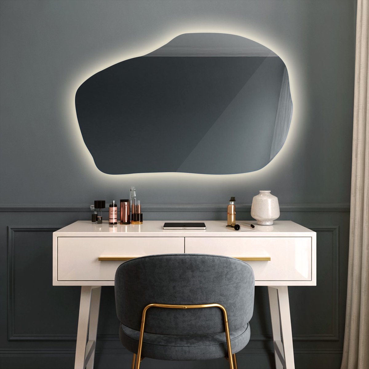 Coloray Toiletspiegel LED - Grote Organische Badkamerspiegel LED - 100 cm x 65 cm - Spiegel Organisch Met Licht - LED Organische Badkamerspiegel - Neutraal Licht - LED Spiegel Organische Vorm - Minimalistisch LED Spiegel