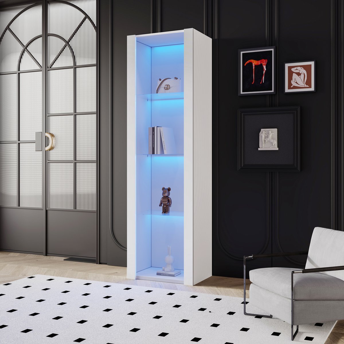 OKWISH Vitrinekast 55x38x166cm - Vitrine Kast met LED-Verlichting en Glasplaten - Modern - Spaanplaat - Wit