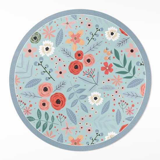 Wallfluent Vinyl Tapijt - Pastelkleurige Bloemenillustratie Vloerkleed Vinyl - 100 cm - Rechthoek PVC Vloer Mat - - Blauw PVC Tapijt - Slaapkamertapijt - Keukentapijt