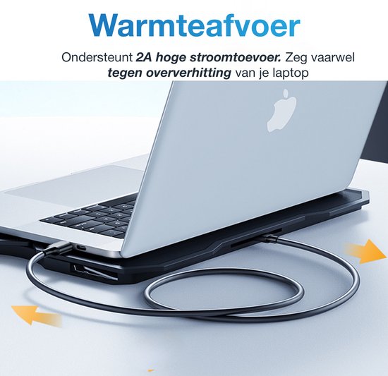 Een zwarte kabel verbindt een laptop met een koelplatform. Tekst: Warmteafvoer.
