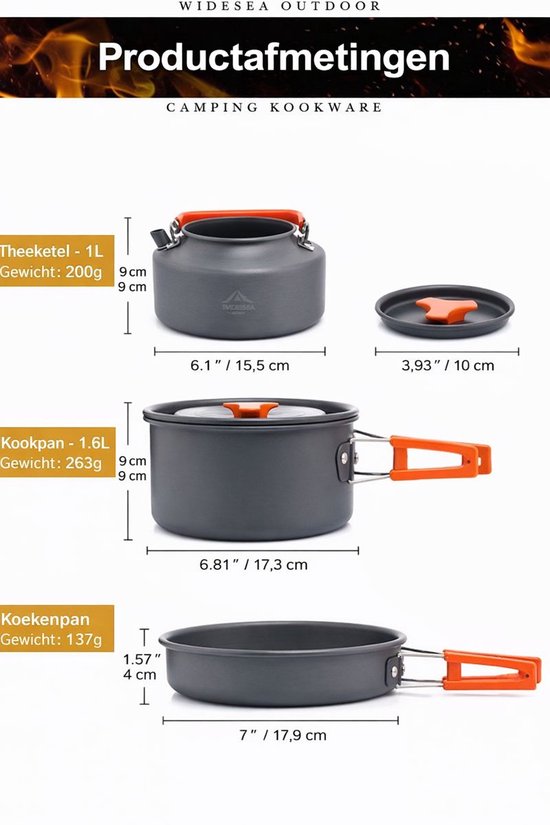 Pannenset - Noodpakket - 8 in 1 Kookset - Oorlog - Nood - Ramp - Thuis - Indoor - Outdoor - Camping Survival - Pan - PFAS vrij - Antiaanbaklaag - 2 tot 3 Personen - Hiking - Lichtgewicht - Aluminium - Koken - Picknick - Reis vakantie - Reizen — afbeelding 4