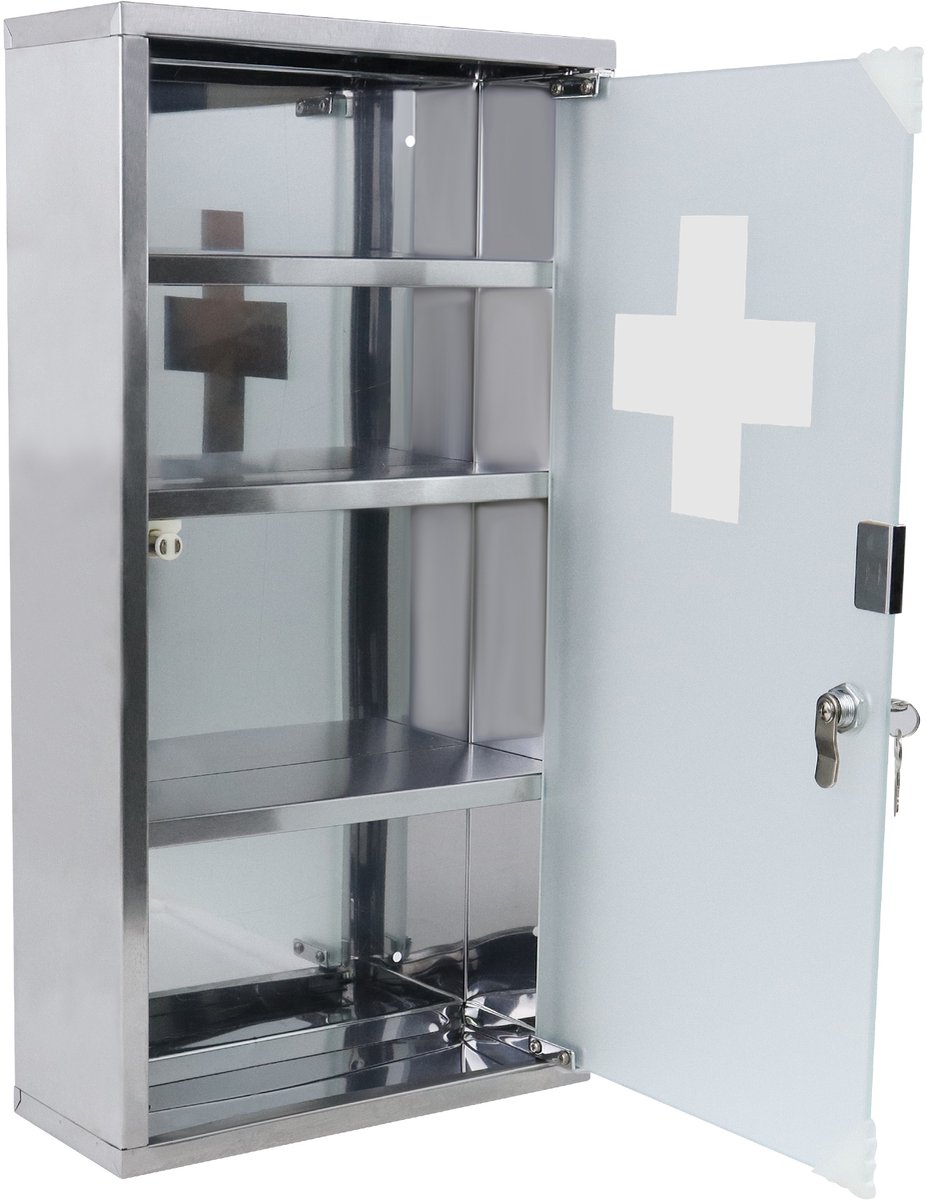 Aufun Roestvrij Stalen Medicijnkast Medicijnkastjes 30x12x57.5cm - Apothekerskast met 4 Compartimenten voor Thuis- Matglazen Deur - Afsluitbaar - Zilver