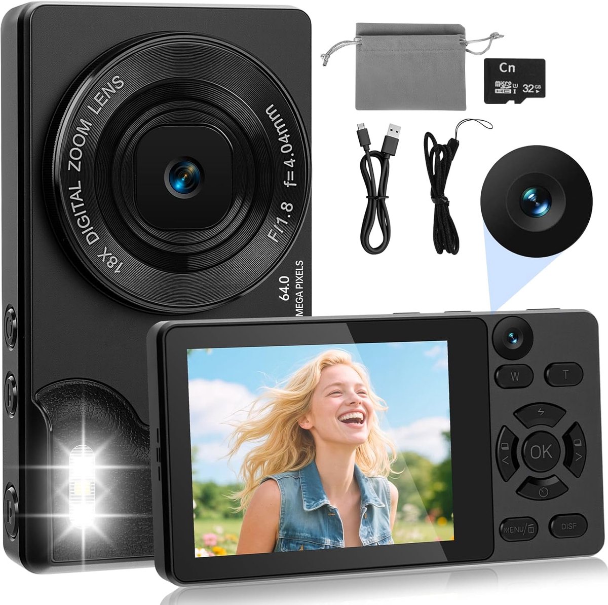 Digitale Camera 4K 64MP met Dubbele Camera voor en Achter - Autofocus Vlogcamera - 2,8 inch Scherm - 18x Digitale Zoom - Compacte Vlogcamera - Anti Shake - met 32GB Kaart