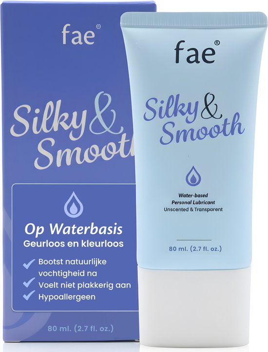 Fae Silky & Smooth. Lubrifiant personnel à base d'eau, sans parfum et transparent. Tube et boîte de 80 ml.