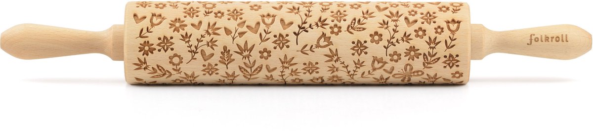 Folkroll deegroller Flower Power, groot, 43 cm, deegroller, embossingroller, patroon, motief, rol, beukenhout, 331149