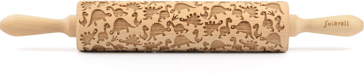 Folkroll dinosaurus deegroller, groot, 43 cm, deegroller, embossing roller, patroon, motief, roller, beukenhout, 331446