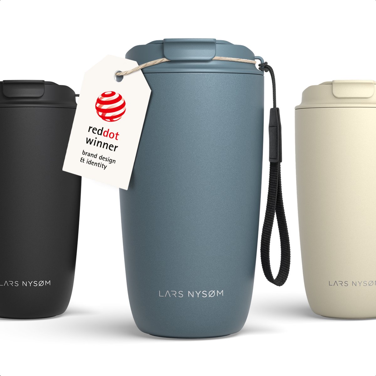LARS NYSØM Nøgen Thermo Coffee Mug-to-go 500ml - BPA-vrij met Isolatie - Met Draagriem & Tritan Deksel (Stone Blue)