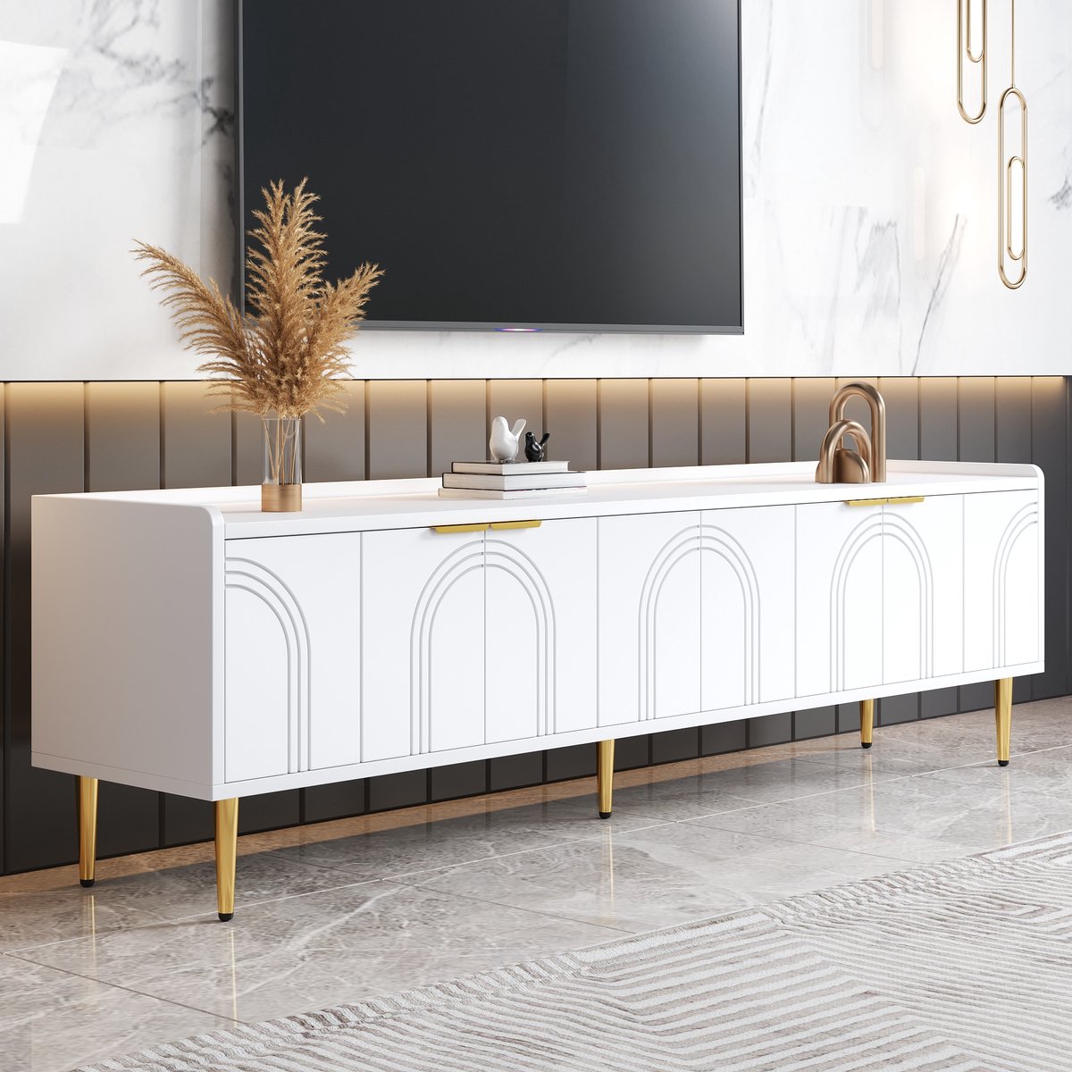 STILVORA Tv-Meubel - Sculpturaal Tv-Meubel Met 3D Deuren En Goudaccenten - Ruime Opbergruimte Met Kabeldoorvoer - MDF - 170x35x47.5 cm - Wit