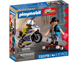 PLAYMOBIL City Action Politie Motorachtervolging | Politieagent achtervolgt dief op longboard | Stimuleert creativiteit | Kinderspeelgoed voor kinderen vanaf 4 jaar | 72079