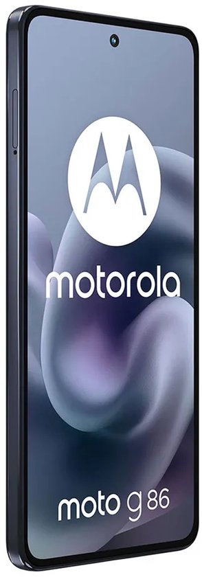 Motorola moto g86 5G in donkergrijs, zijaanzicht met het scherm naar voren gericht.