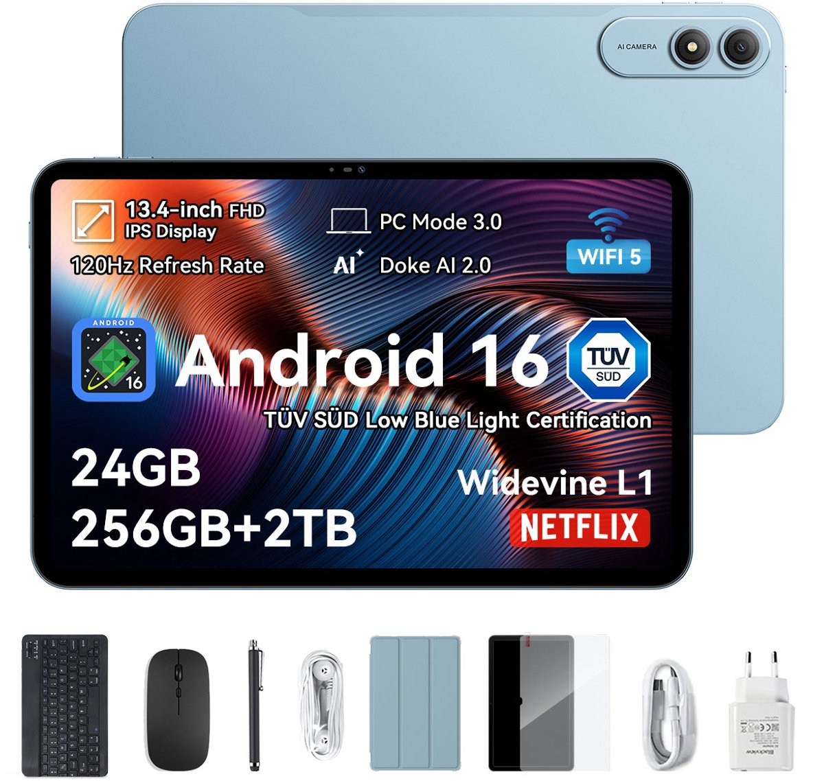 OSCAL Pad 200 Tablet - 24GB RAM - 256GB ROM - 13.4 Inch Full HD - 8300mAh AI Tablet - Android 16 - Met Toetsenbord(QWERTY), Beschermhoes, Muis, Stylus - Blauw