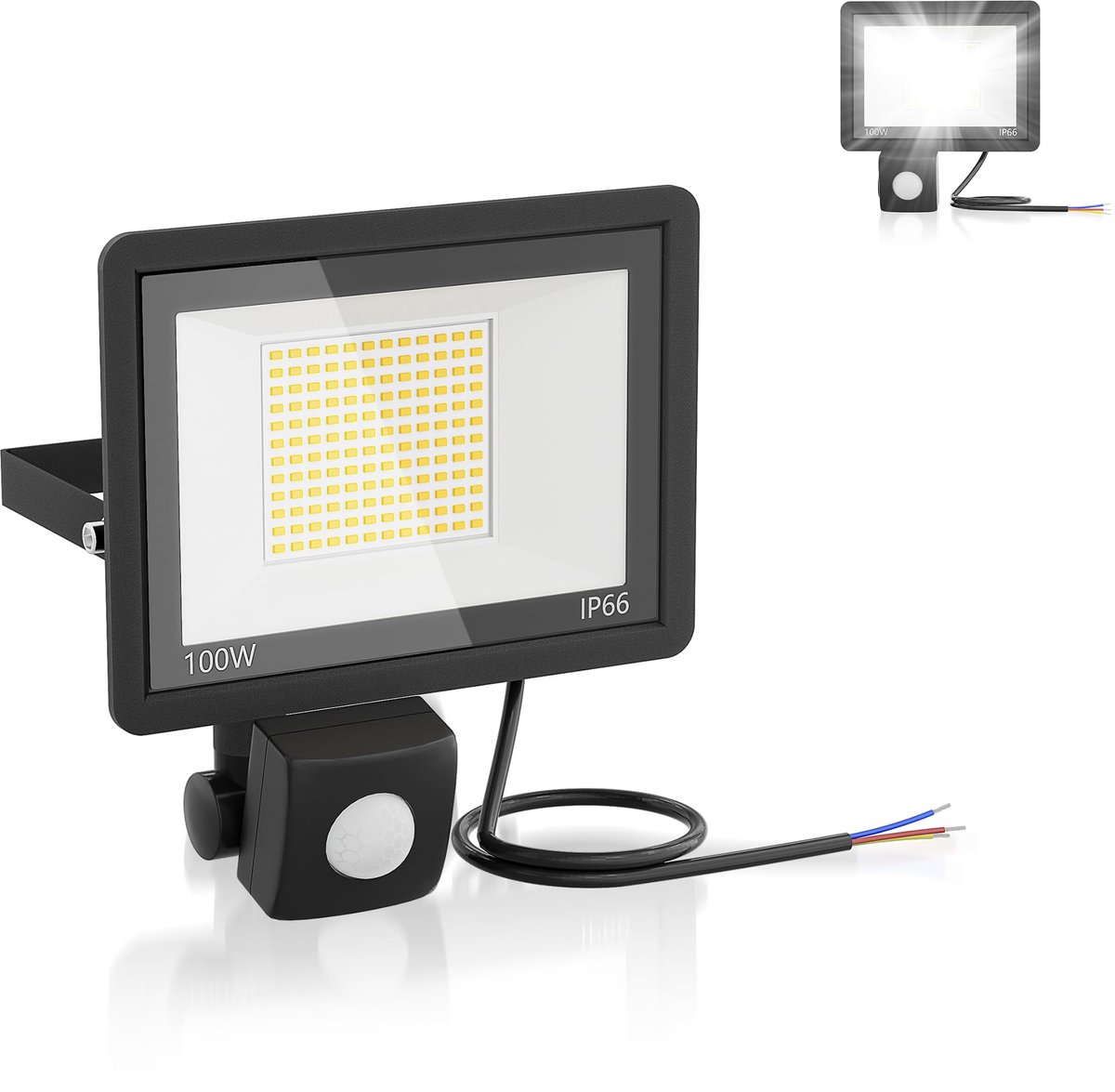 Aufun LED Schijnwerper Koel wit met Bewegingssensor – 100W 3500LM 6500K IP66 voor Tuin/Terras/Garage